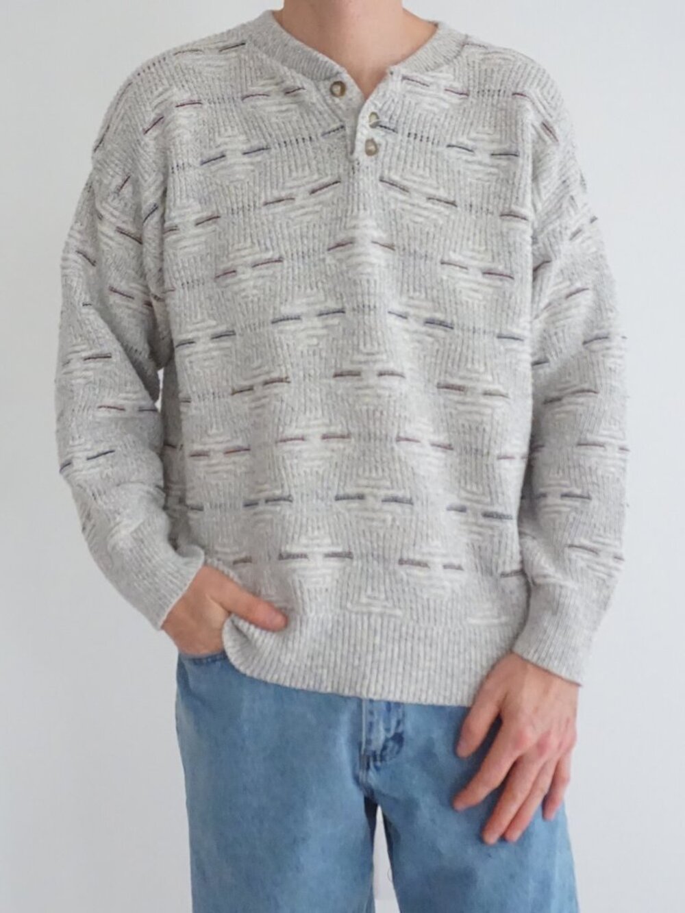 Vintage Northwest Territory Gray Geometric Henley USA Made Cotton Knit Sweater L